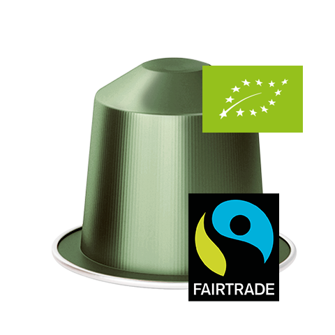 Green coffee capsule with Fairtrade and Organic logos on a white background