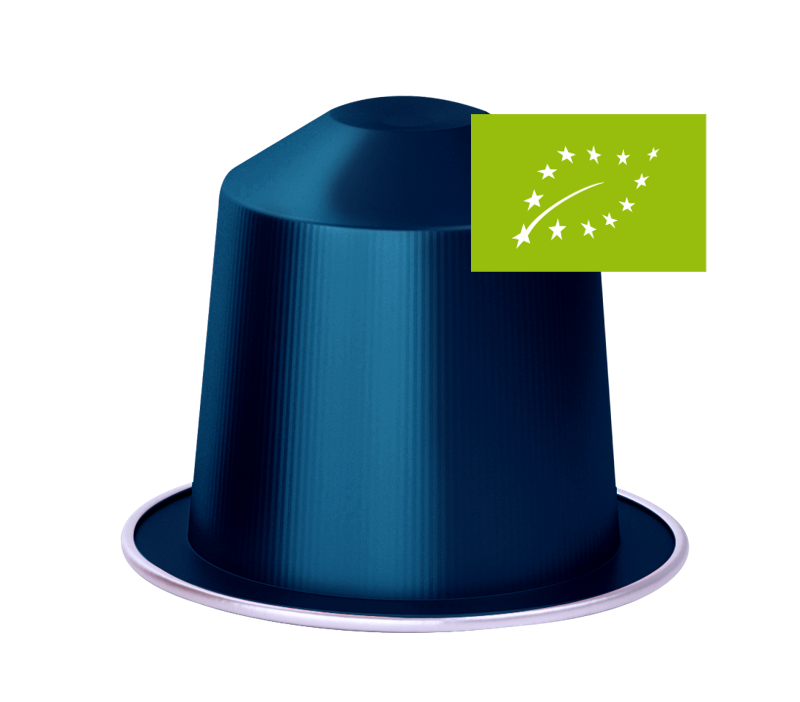 Blue Nespresso® Compatible Coffee Capsule with a green organic certification label on a white background