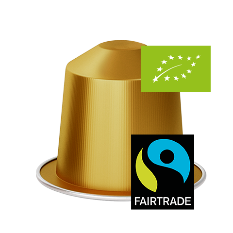 Gold coffee capsule with Fairtrade and Organic logos on a white background