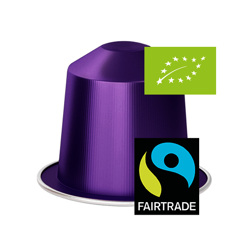 Purple coffee capsule with Fairtrade and Organic logos on a white background