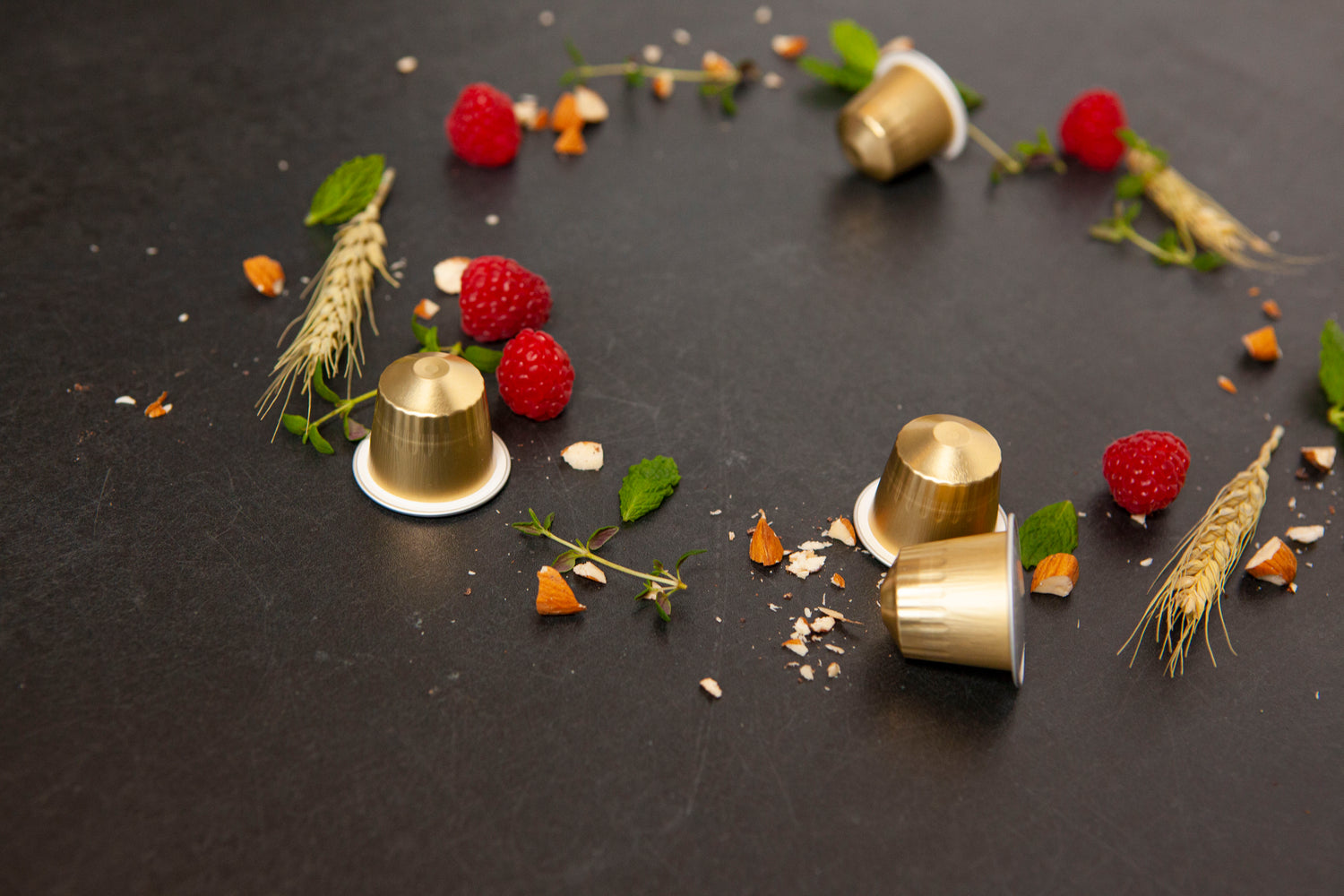 Gold metal capsules surrounded by red berries and green leaves on a dark surface